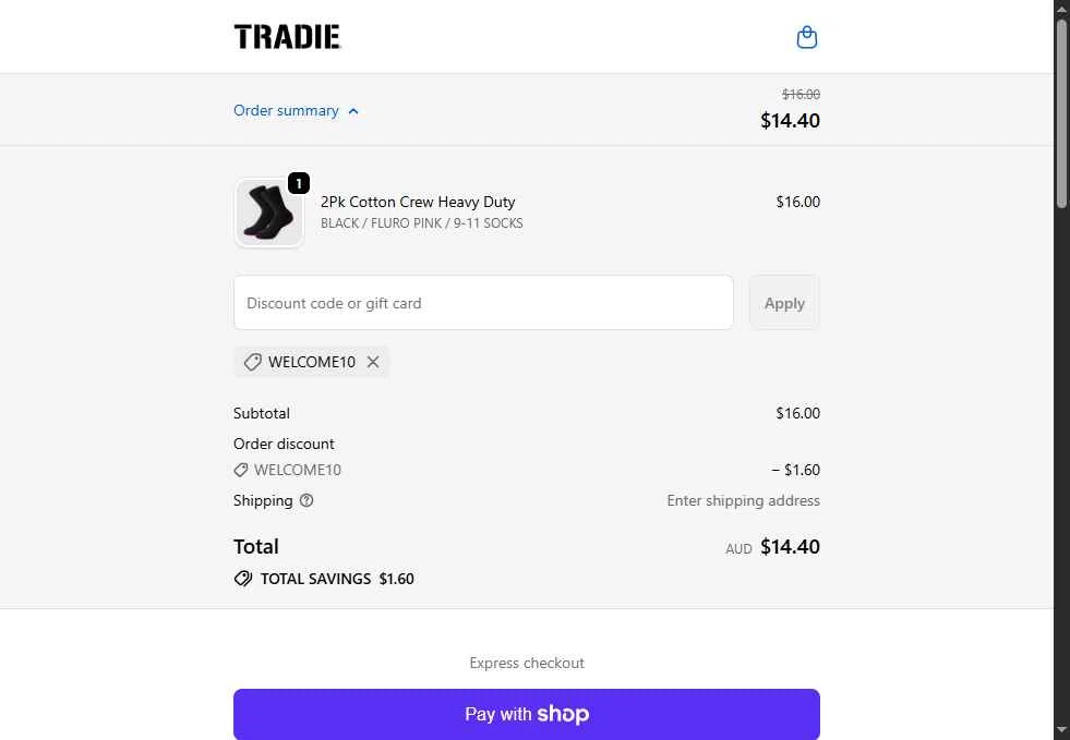 Tradie checkout page showing Tradie discount code box | Screenshot taken by SimplyCodes community member on Jan 9, 2026