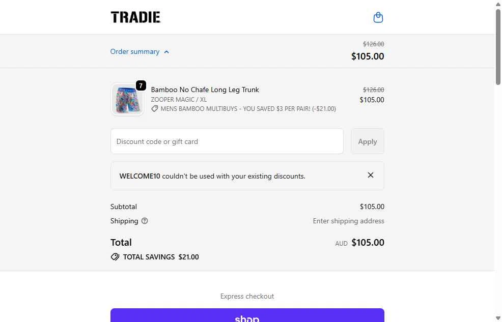 Tradie checkout page showing Tradie discount code box | Screenshot taken by SimplyCodes community member on Jan 28, 2026