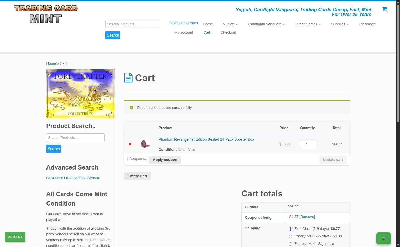 Trading Card Mint checkout page showing Trading Card Mint coupon code box | Screenshot taken by SimplyCodes community member on Jan 4, 2026