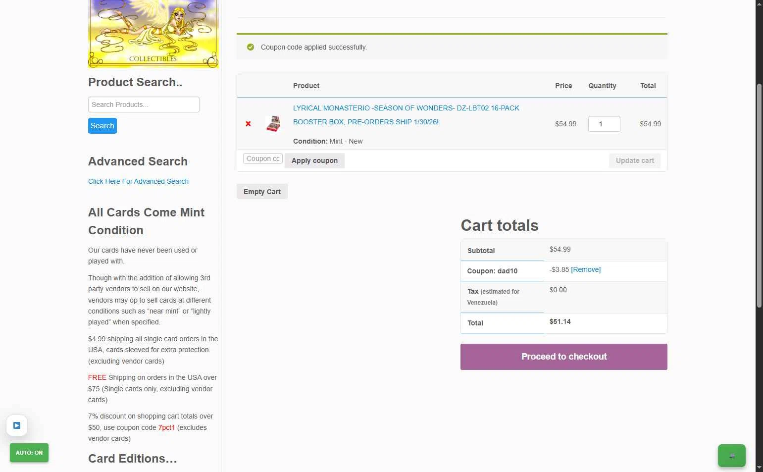 Trading Card Mint checkout page showing Trading Card Mint coupon code box | Screenshot taken by SimplyCodes community member on Jan 27, 2026