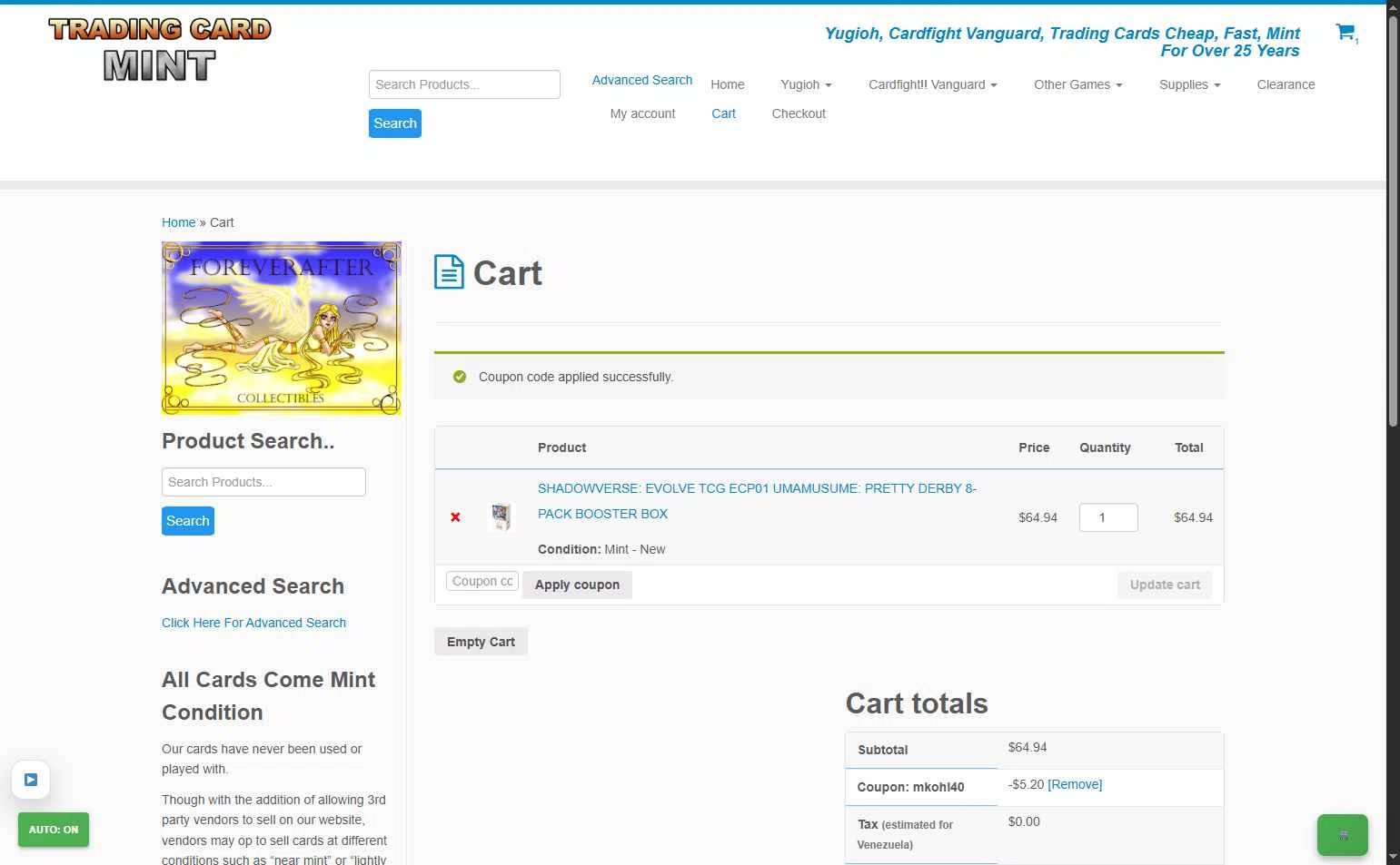 Trading Card Mint checkout page showing Trading Card Mint coupon code box | Screenshot taken by SimplyCodes community member on Jan 1, 2026