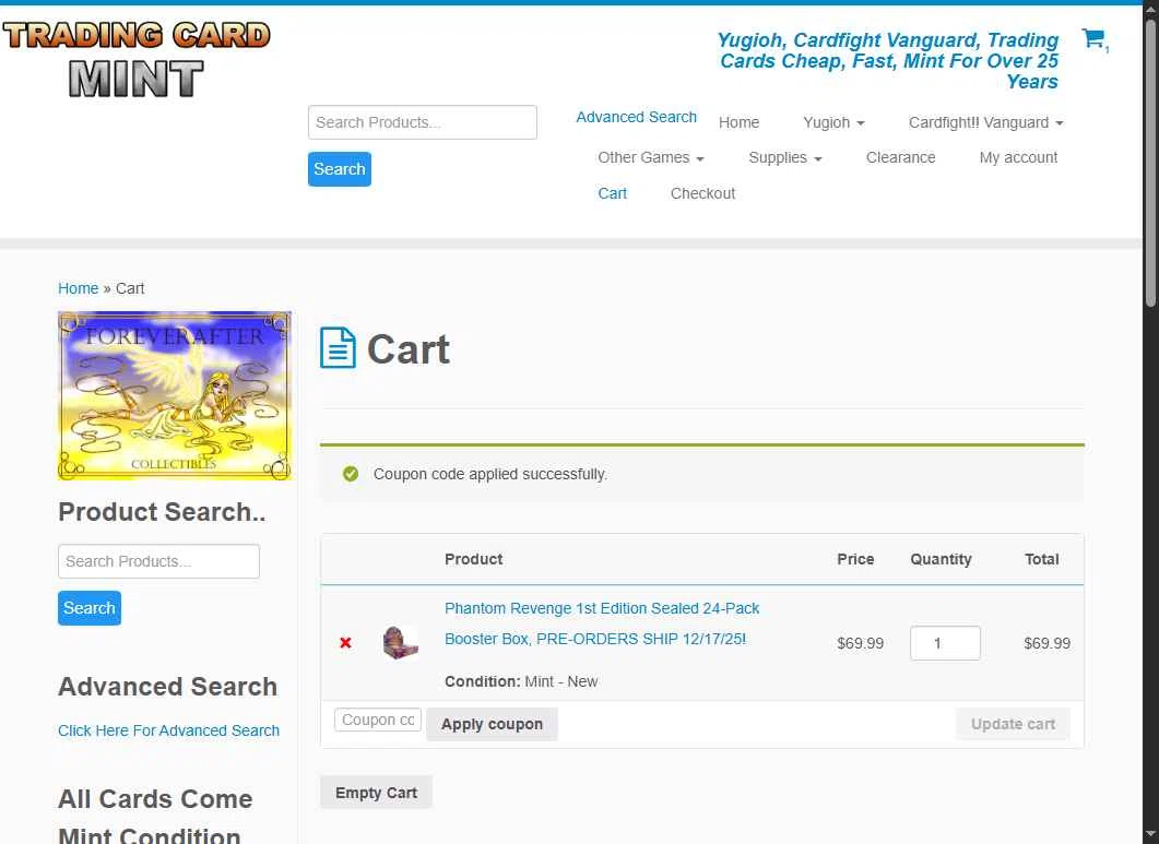 Trading Card Mint checkout page showing Trading Card Mint coupon code box | Screenshot taken by SimplyCodes community member on Dec 6, 2025