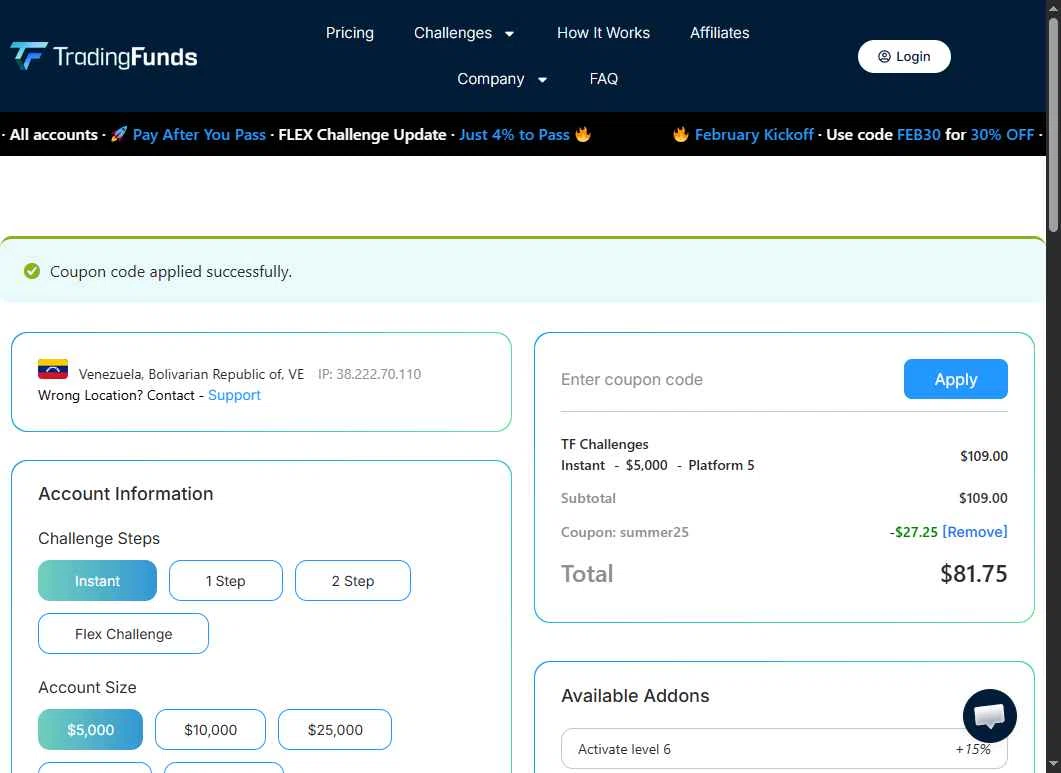 TradingFunds checkout page showing TradingFunds promo code box | Screenshot taken by SimplyCodes community member on Feb 2, 2026