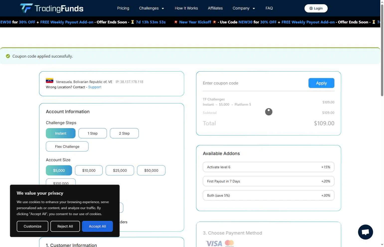 TradingFunds checkout page showing TradingFunds promo code box | Screenshot taken by SimplyCodes community member on Jan 23, 2026