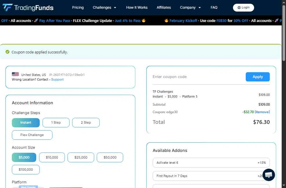 TradingFunds checkout page showing TradingFunds promo code box | Screenshot taken by SimplyCodes community member on Feb 21, 2026