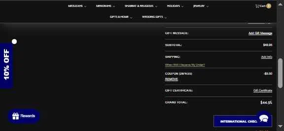 Traditions Jewish Gifts checkout page showing Traditions Jewish Gifts coupon code box | Screenshot taken by SimplyCodes community member on Feb 10, 2026