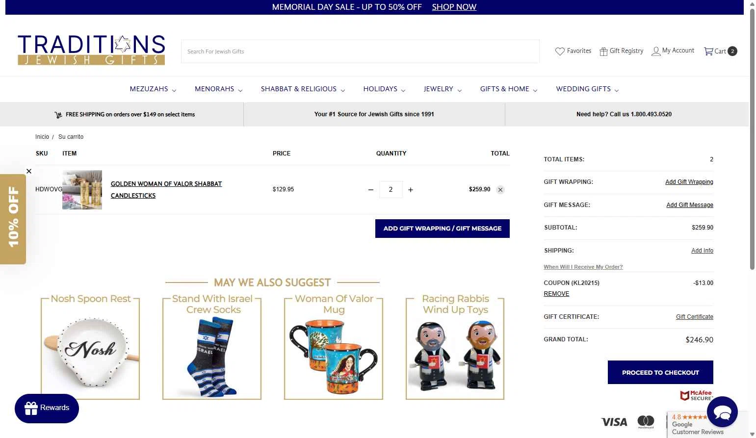 Traditions Jewish Gifts checkout page showing Traditions Jewish Gifts coupon code box | Screenshot taken by SimplyCodes community member on May 29, 2025
