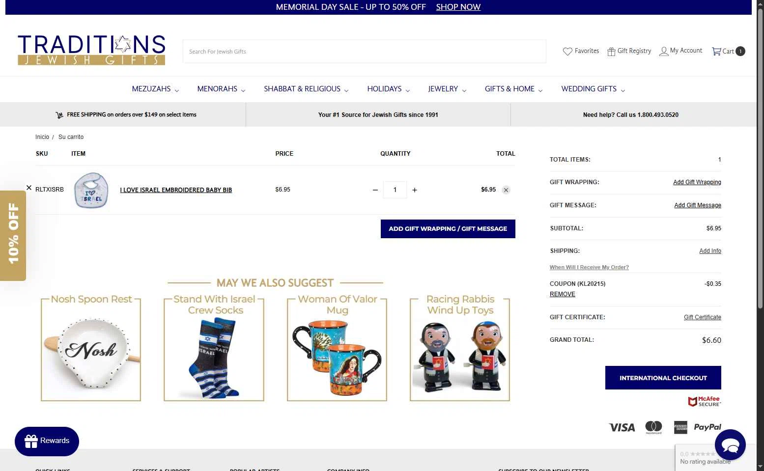 Traditions Jewish Gifts checkout page showing Traditions Jewish Gifts coupon code box | Screenshot taken by SimplyCodes community member on May 29, 2025