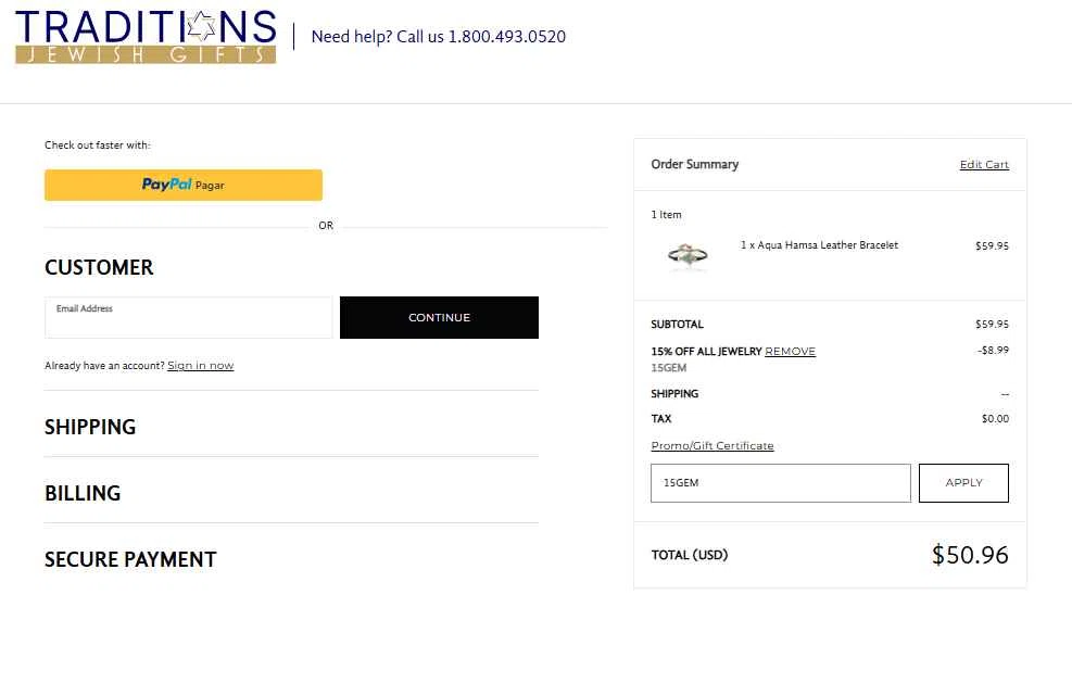 Traditions Jewish Gifts checkout page showing Traditions Jewish Gifts coupon code box | Screenshot taken by SimplyCodes community member on Sep 30, 2025