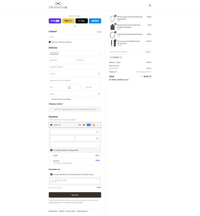 Trafalgar Store checkout page showing Trafalgar Store discount code box | Screenshot taken by SimplyCodes community member on Aug 26, 2025