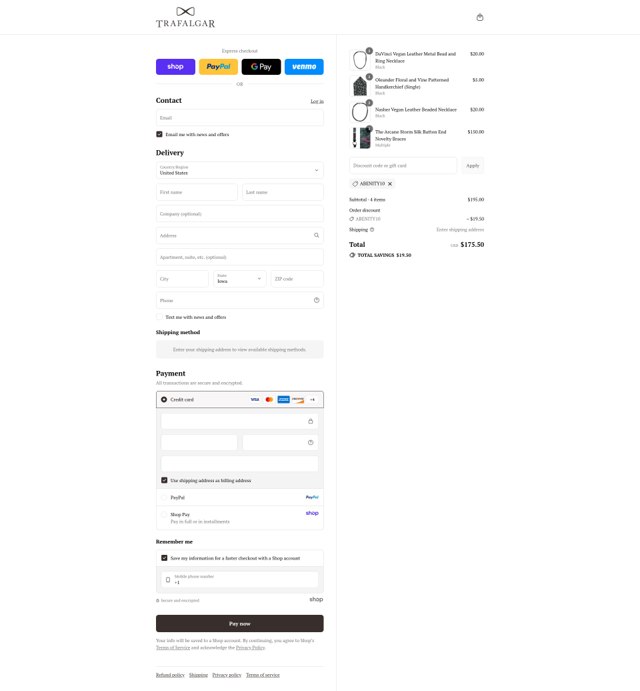 Trafalgar Store checkout page showing Trafalgar Store discount code box | Screenshot taken by SimplyCodes community member on Sep 3, 2025