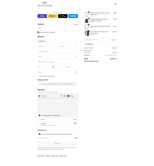 Trafalgar Store checkout page showing Trafalgar Store discount code box | Screenshot taken by SimplyCodes community member on Sep 3, 2025