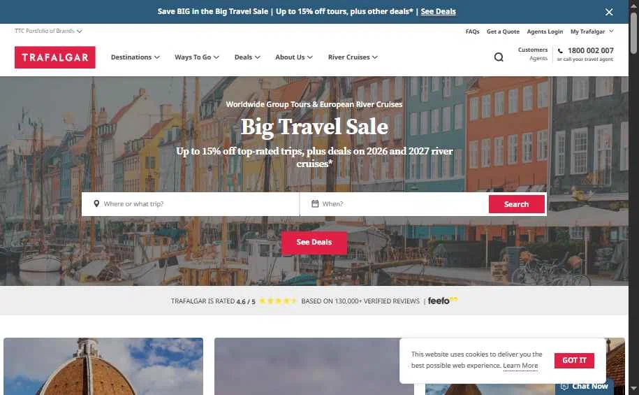 Trafalgar Tours checkout page showing Trafalgar Tours discount code box | Screenshot taken by SimplyCodes community member on Feb 6, 2026