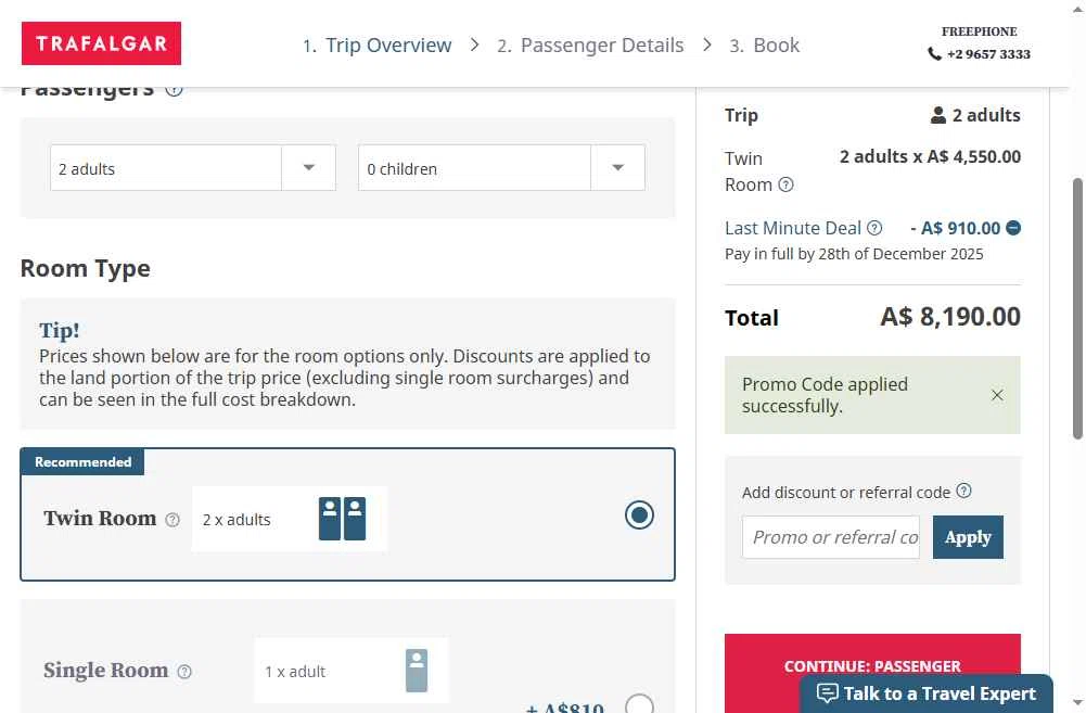 Trafalgar Tours checkout page showing Trafalgar Tours discount code box | Screenshot taken by SimplyCodes community member on Dec 28, 2025