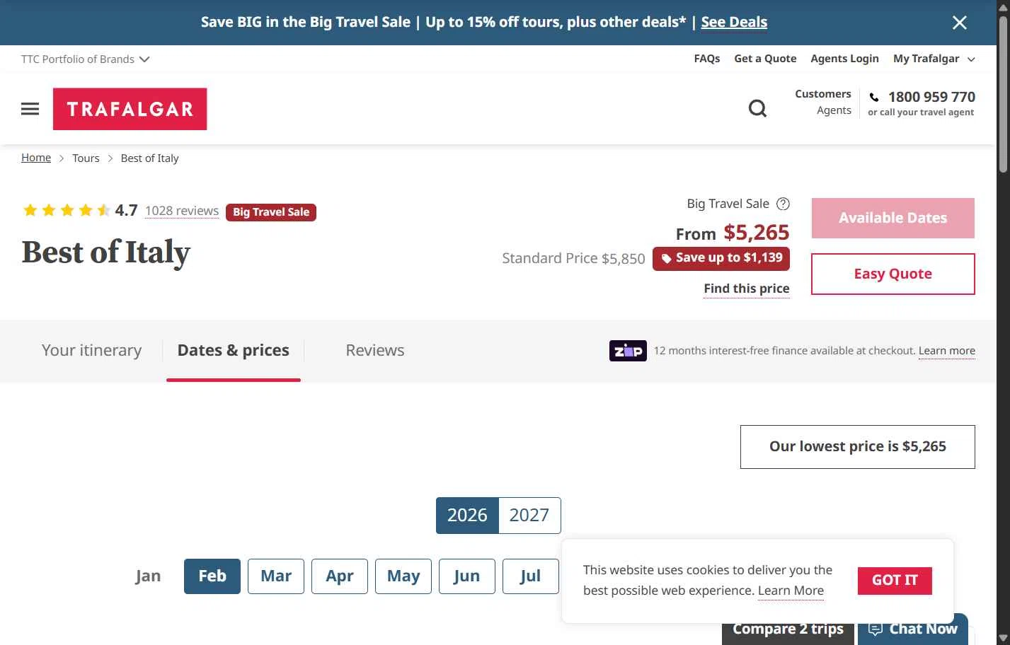 Trafalgar Tours checkout page showing Trafalgar Tours discount code box | Screenshot taken by SimplyCodes community member on Feb 5, 2026