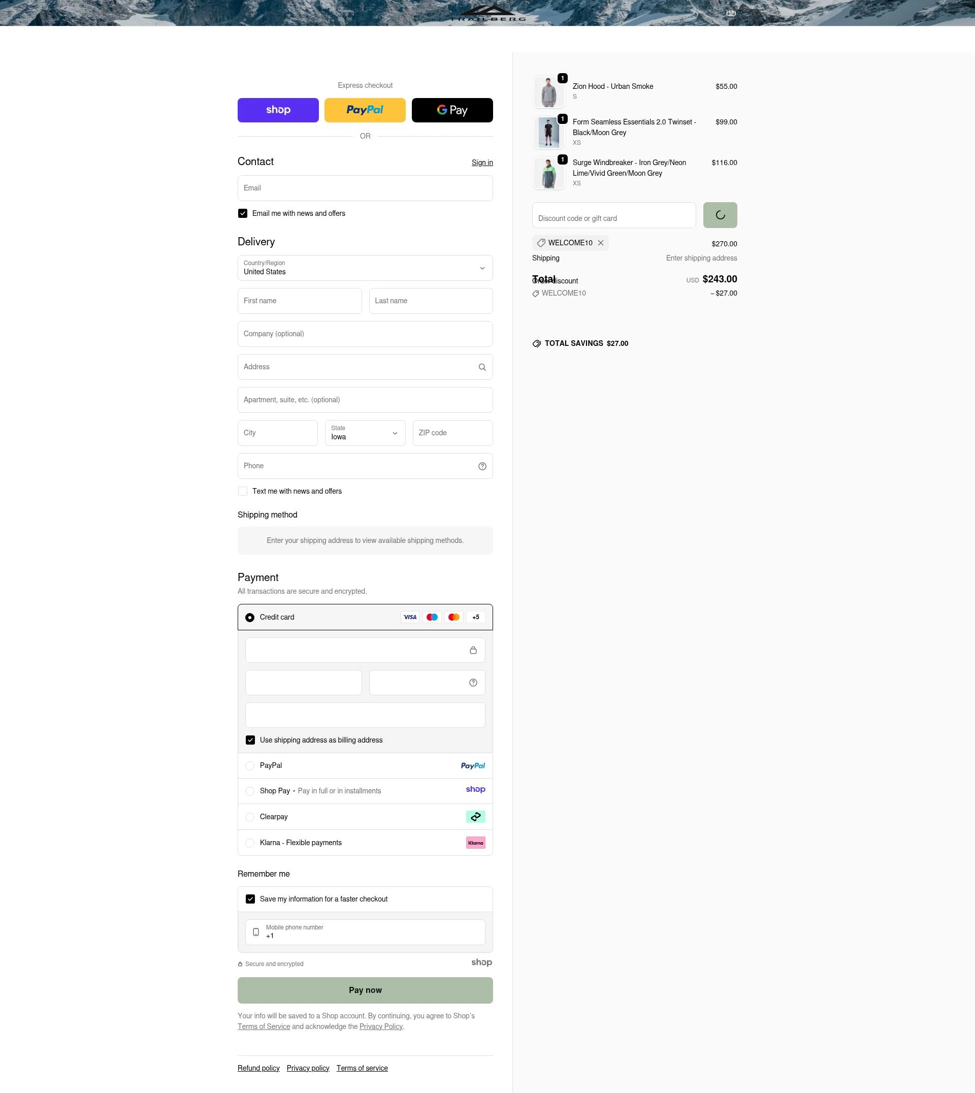 Trailberg checkout page showing Trailberg discount code box | Screenshot taken by SimplyCodes community member on Dec 18, 2025