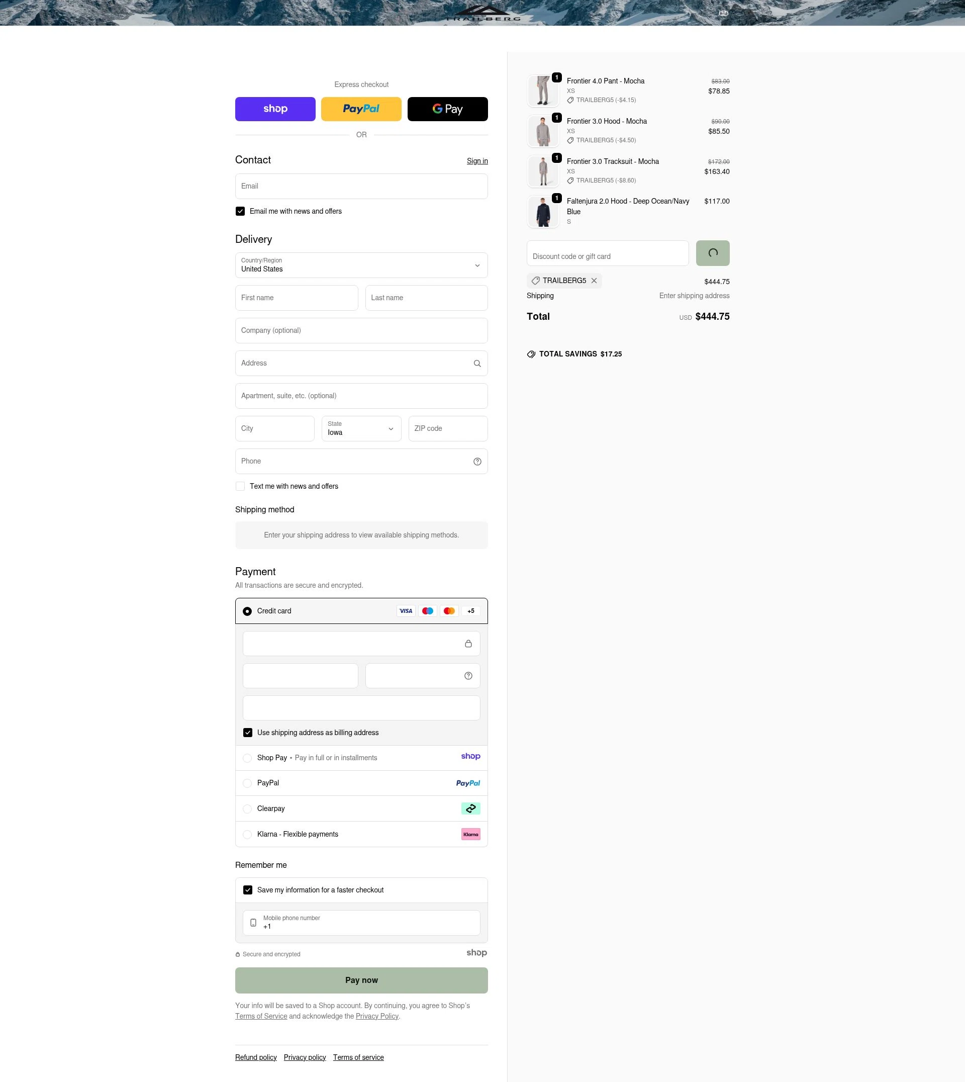 Trailberg checkout page showing Trailberg discount code box | Screenshot taken by SimplyCodes community member on Jan 13, 2026