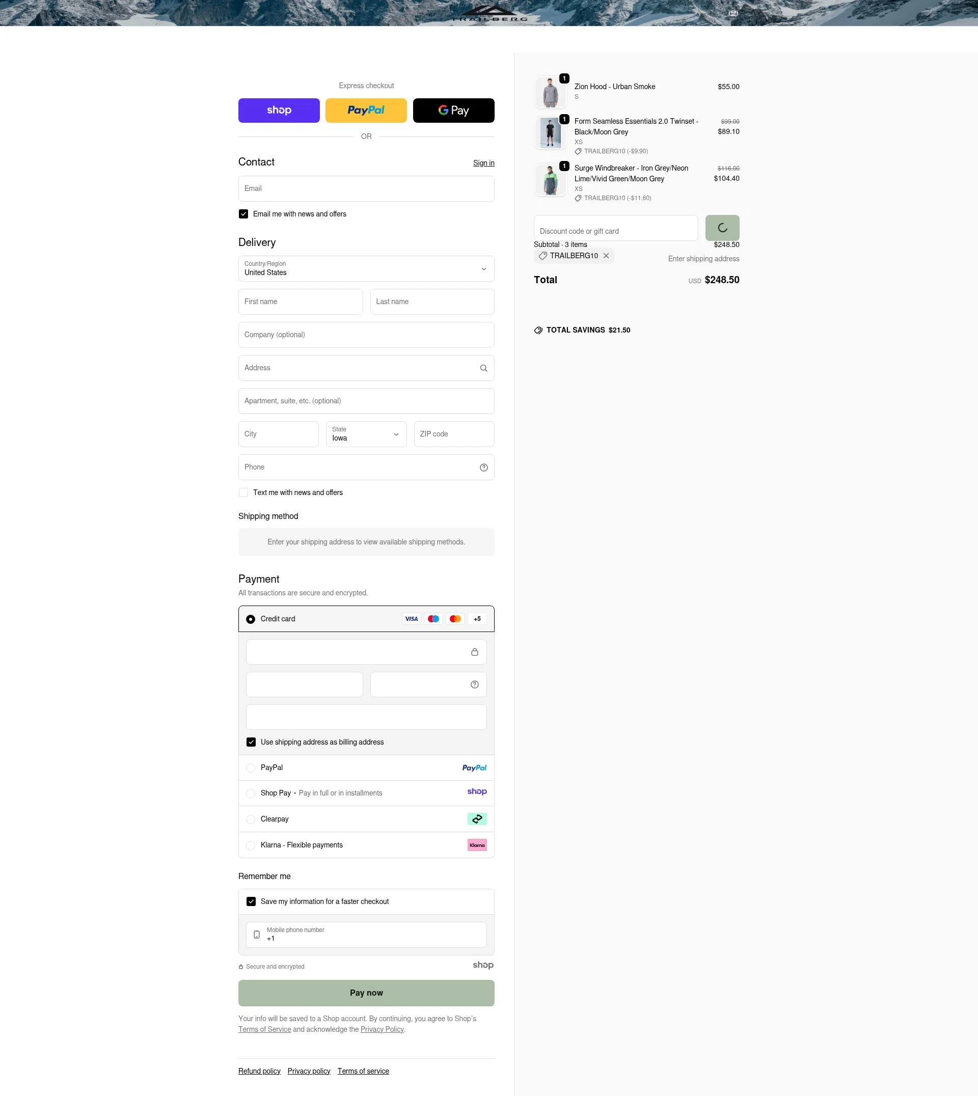 Trailberg checkout page showing Trailberg discount code box | Screenshot taken by SimplyCodes community member on Dec 18, 2025
