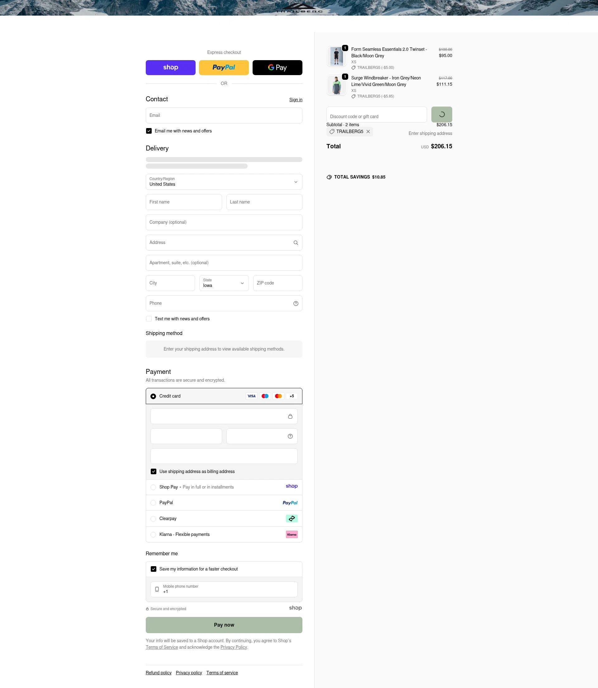 Trailberg checkout page showing Trailberg discount code box | Screenshot taken by SimplyCodes community member on Dec 29, 2025