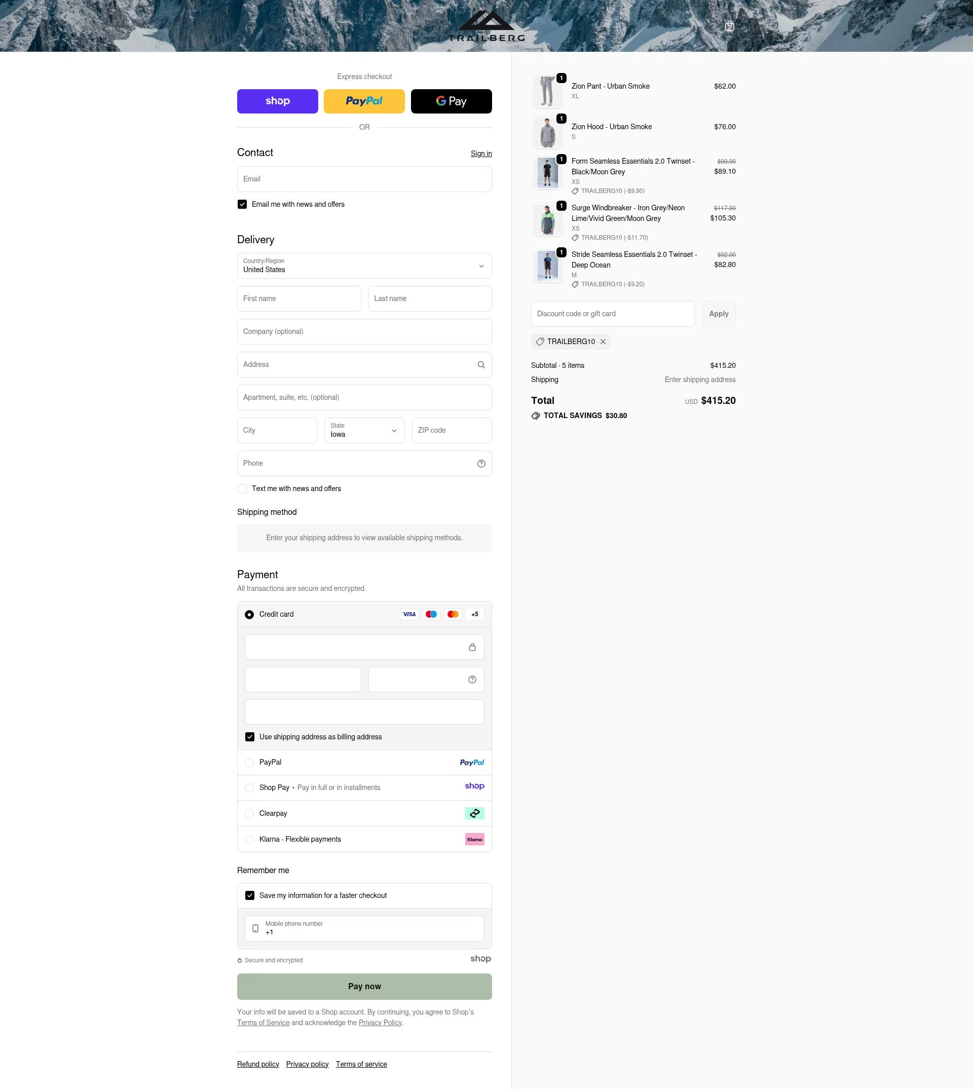 Trailberg checkout page showing Trailberg discount code box | Screenshot taken by SimplyCodes community member on Dec 11, 2025