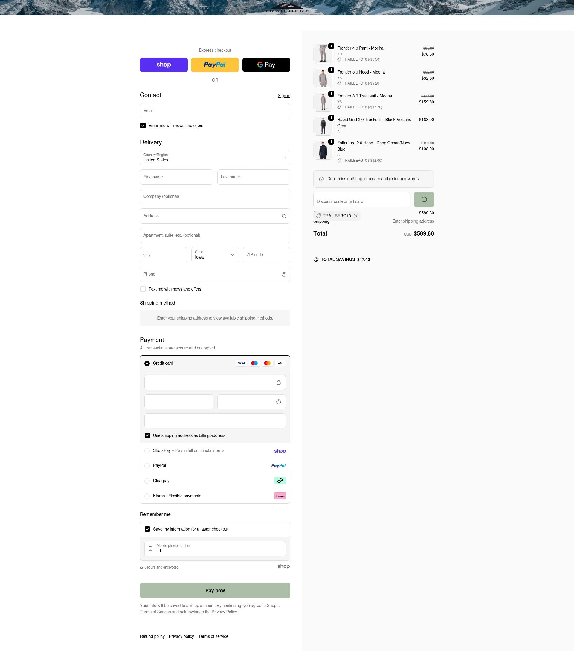 Trailberg checkout page showing Trailberg discount code box | Screenshot taken by SimplyCodes community member on Jan 28, 2026
