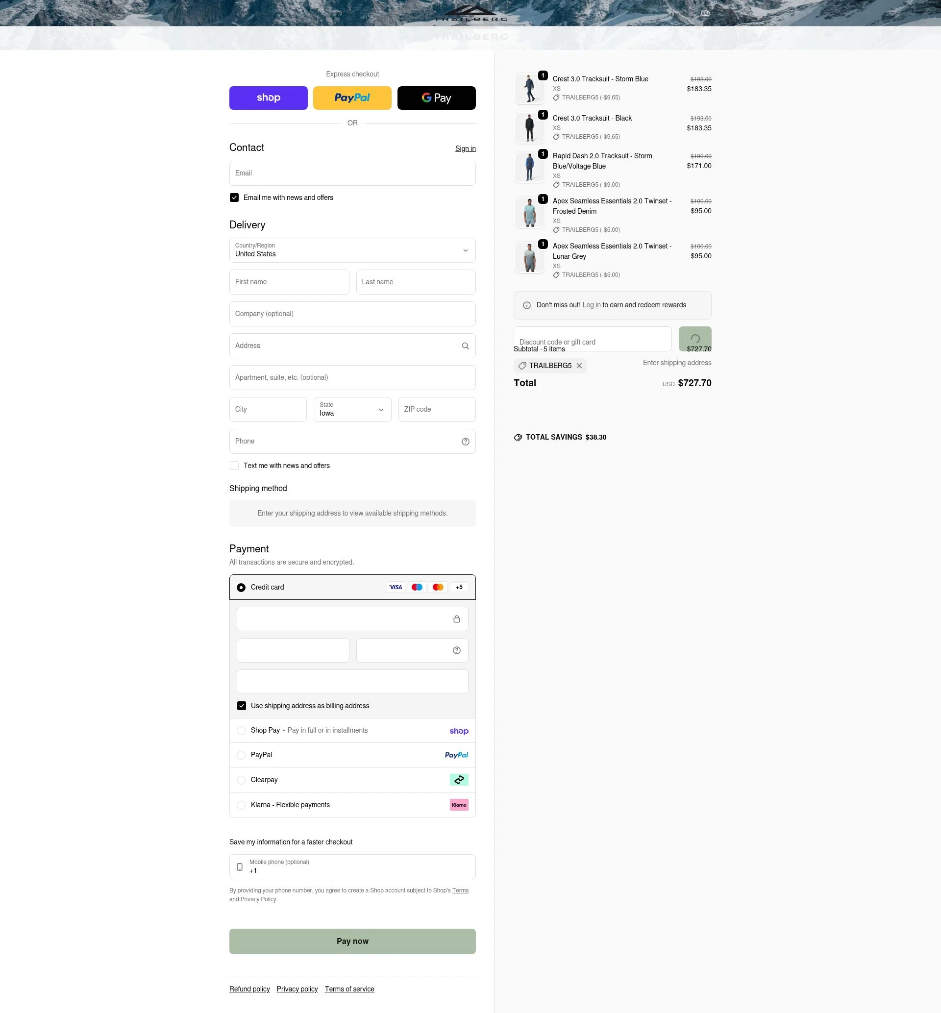 Trailberg checkout page showing Trailberg discount code box | Screenshot taken by SimplyCodes community member on Feb 18, 2026