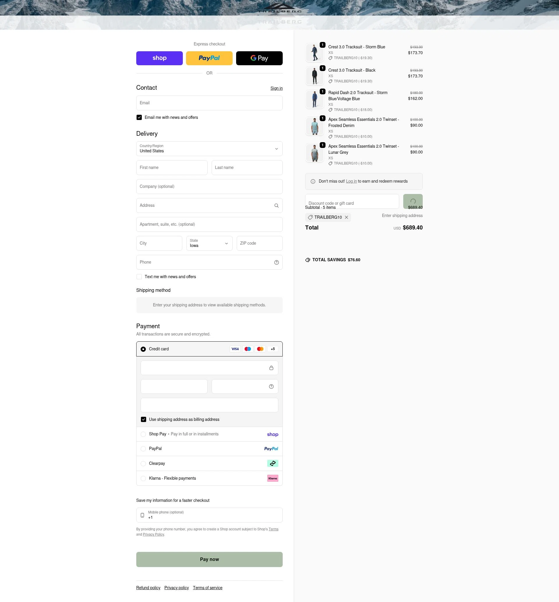 Trailberg checkout page showing Trailberg discount code box | Screenshot taken by SimplyCodes community member on Feb 18, 2026