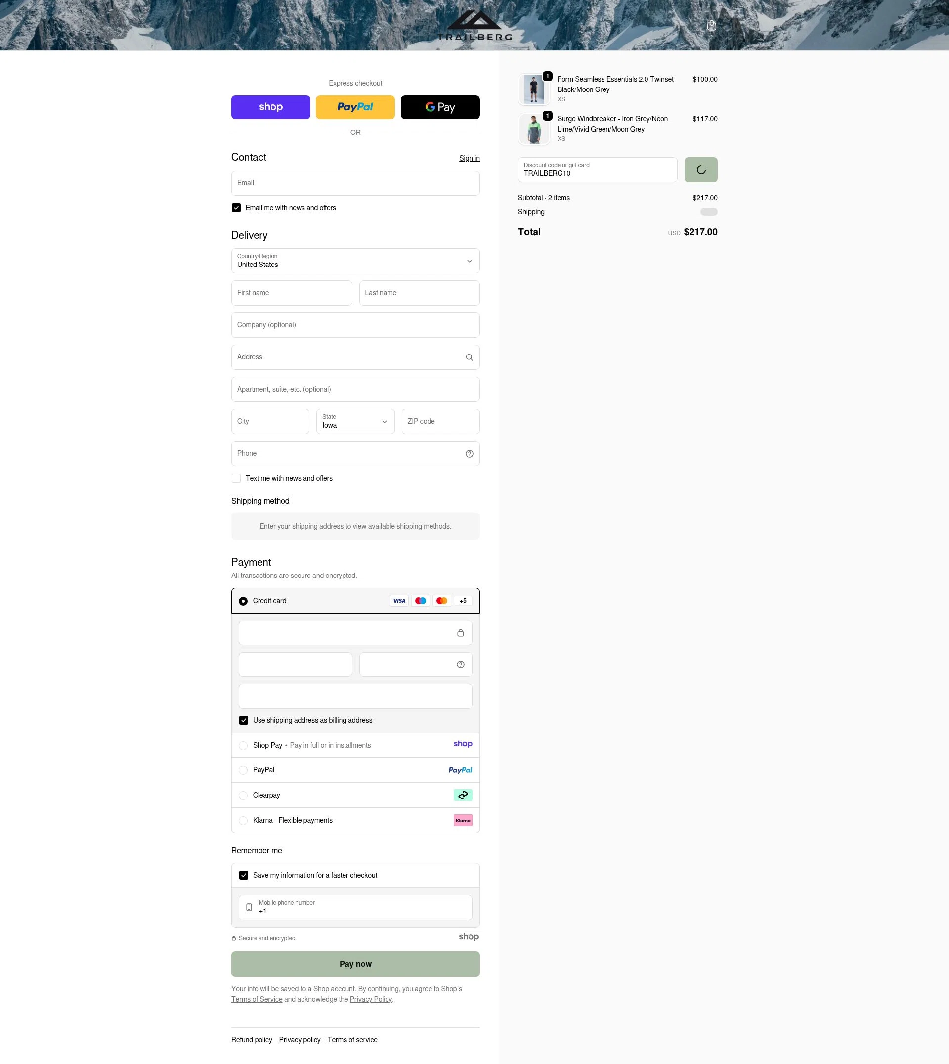 Trailberg checkout page showing Trailberg discount code box | Screenshot taken by SimplyCodes community member on Dec 29, 2025