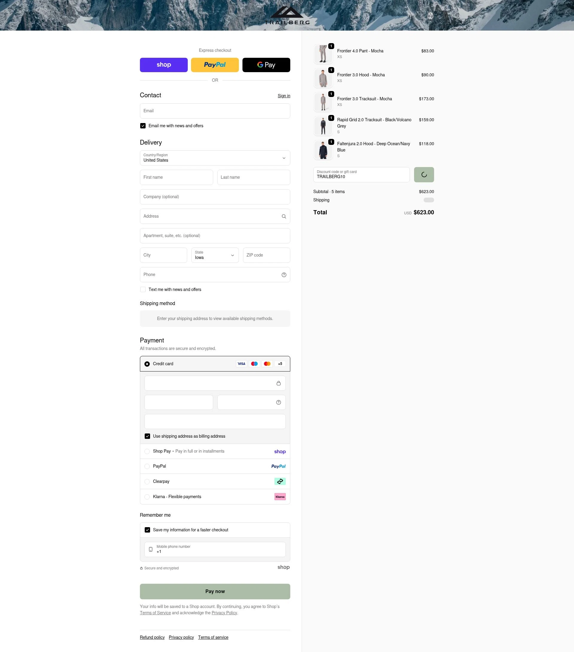 Trailberg checkout page showing Trailberg discount code box | Screenshot taken by SimplyCodes community member on Jan 23, 2026