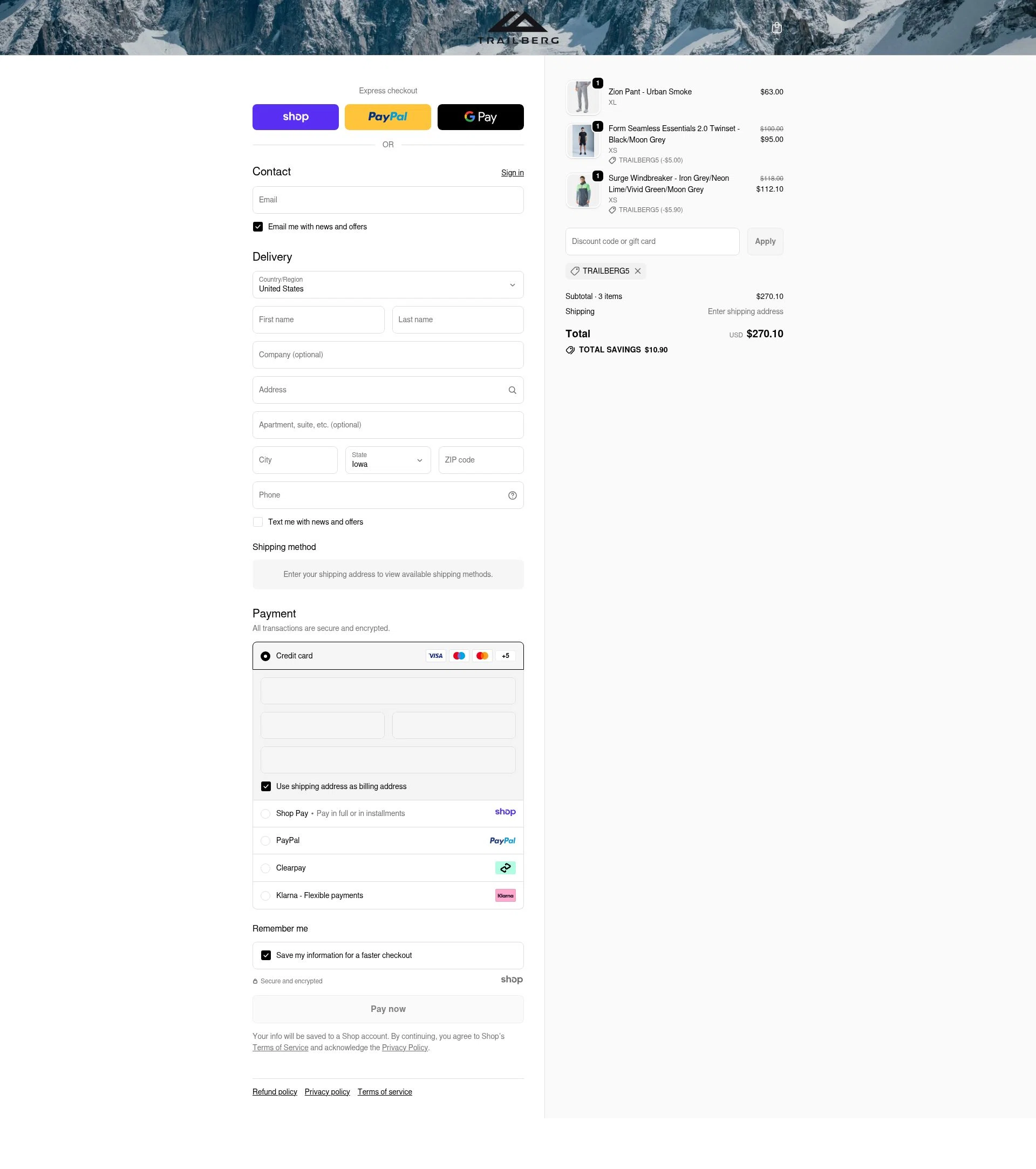 Trailberg checkout page showing Trailberg discount code box | Screenshot taken by SimplyCodes community member on Dec 24, 2025