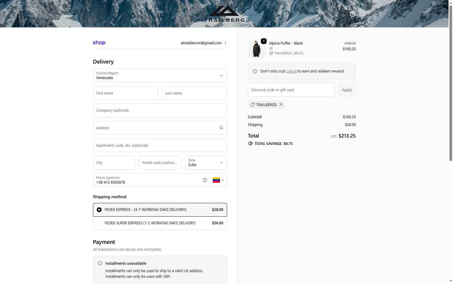 Trailberg checkout page showing Trailberg discount code box | Screenshot taken by SimplyCodes community member on Feb 14, 2026