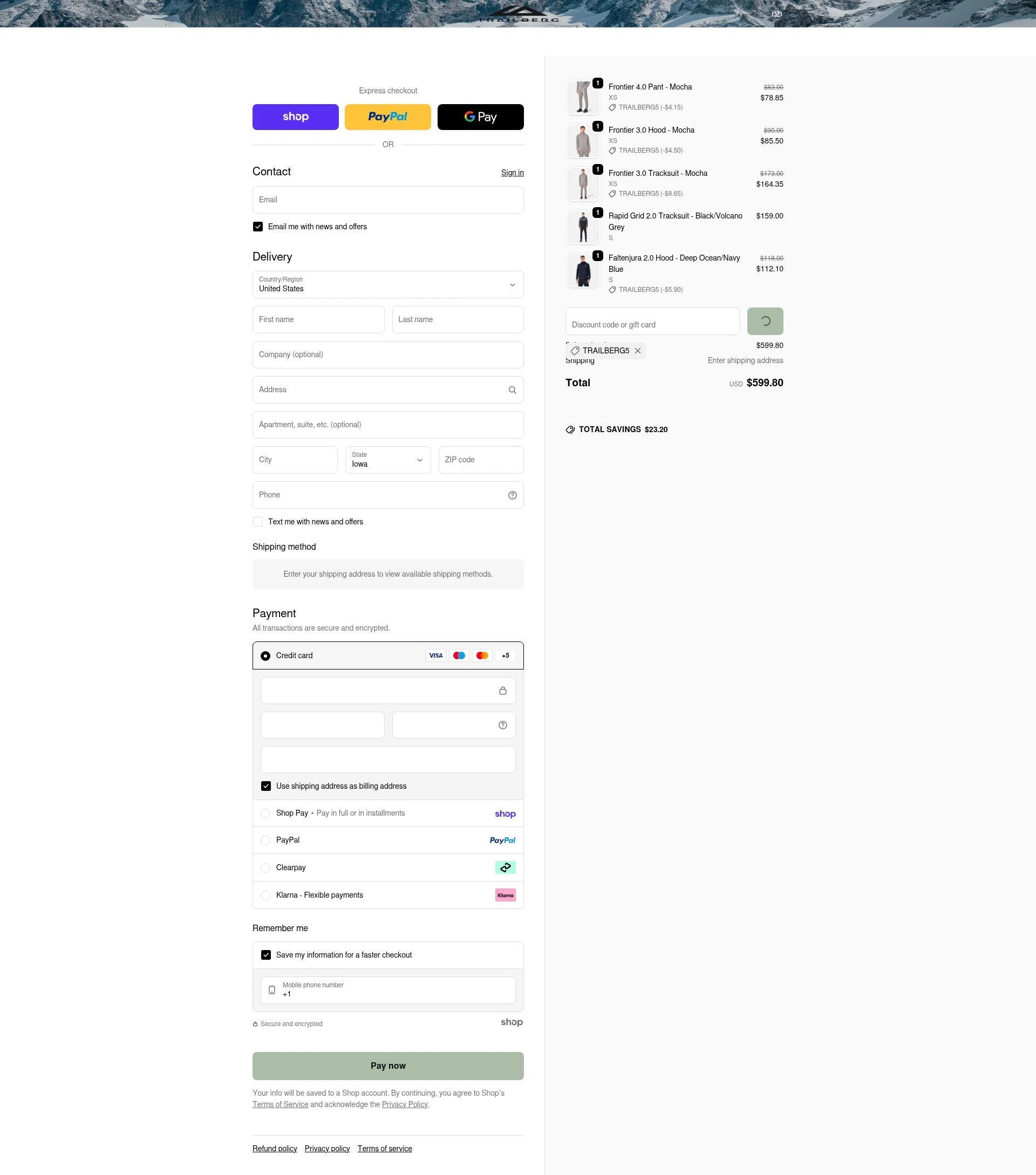 Trailberg checkout page showing Trailberg discount code box | Screenshot taken by SimplyCodes community member on Jan 23, 2026