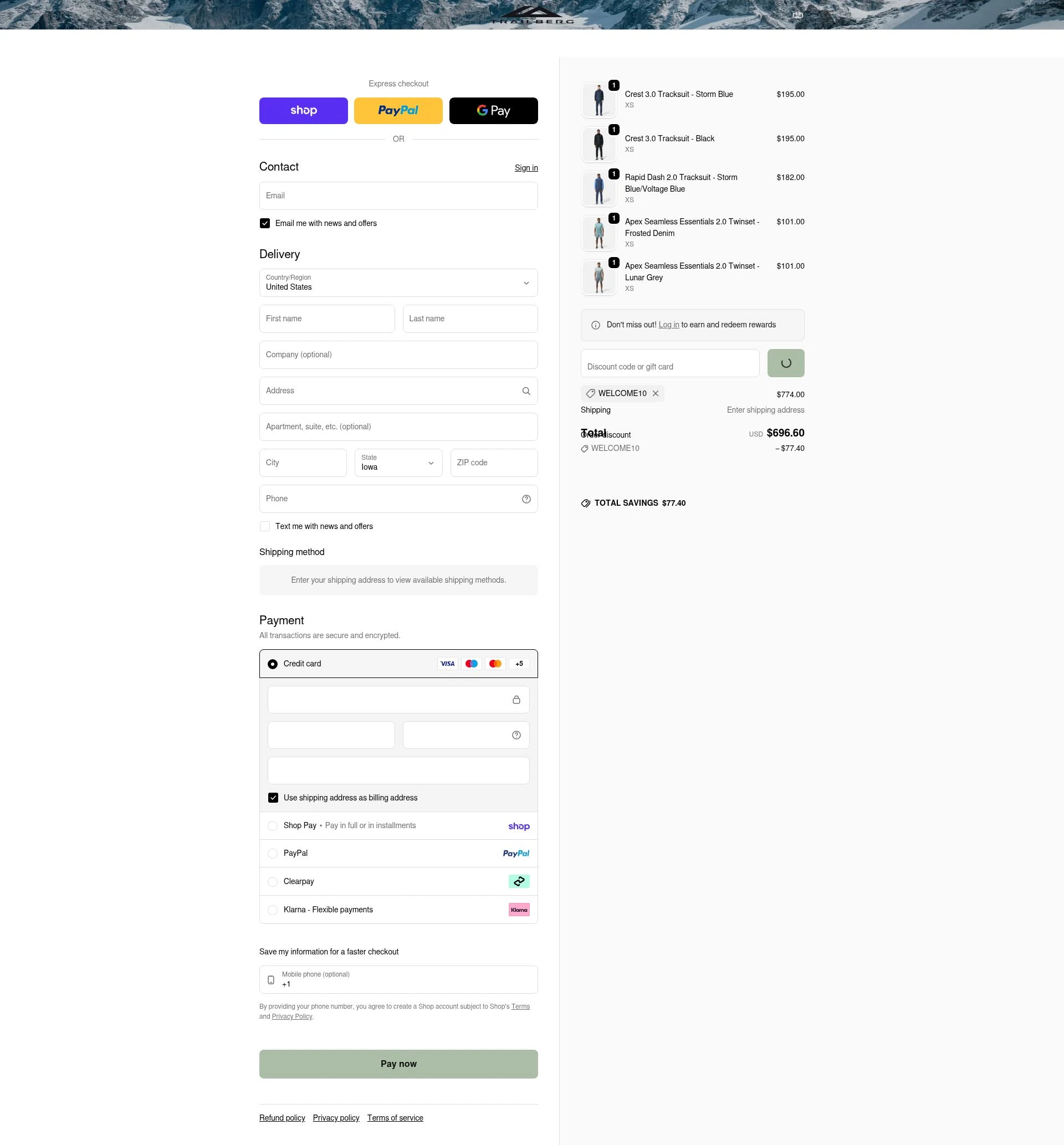Trailberg checkout page showing Trailberg discount code box | Screenshot taken by SimplyCodes community member on Feb 14, 2026