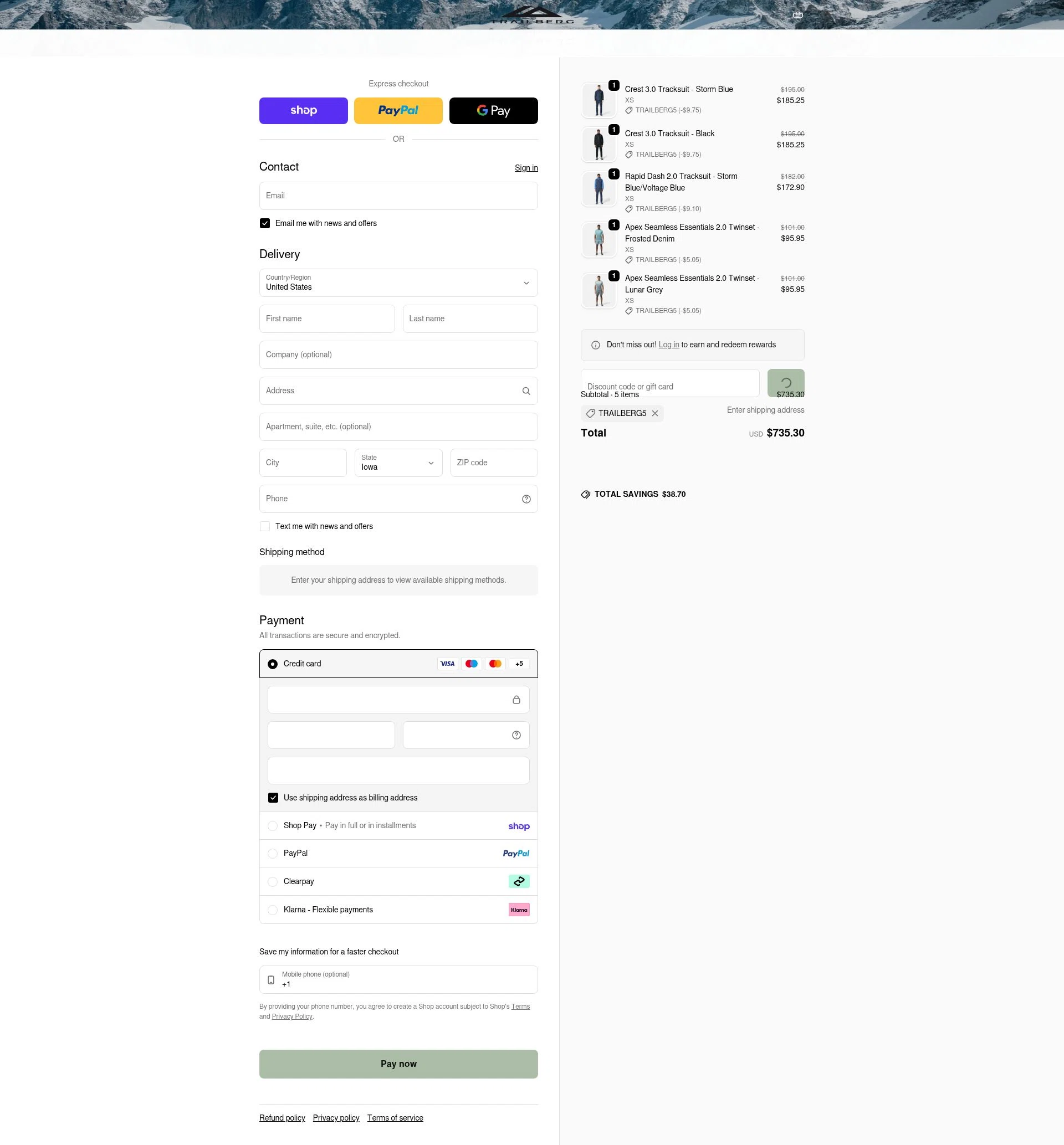 Trailberg checkout page showing Trailberg discount code box | Screenshot taken by SimplyCodes community member on Feb 14, 2026