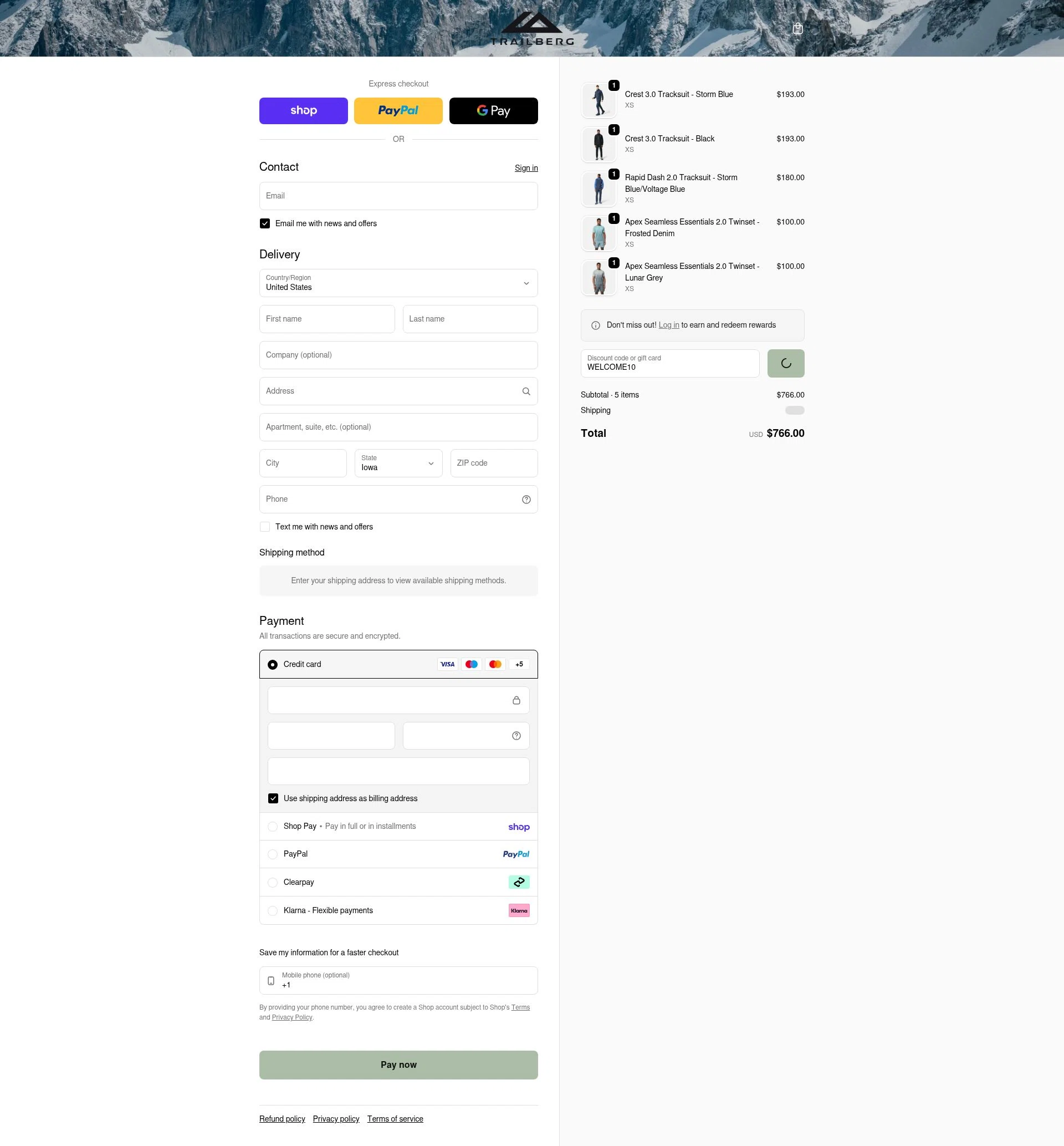 Trailberg checkout page showing Trailberg discount code box | Screenshot taken by SimplyCodes community member on Feb 18, 2026