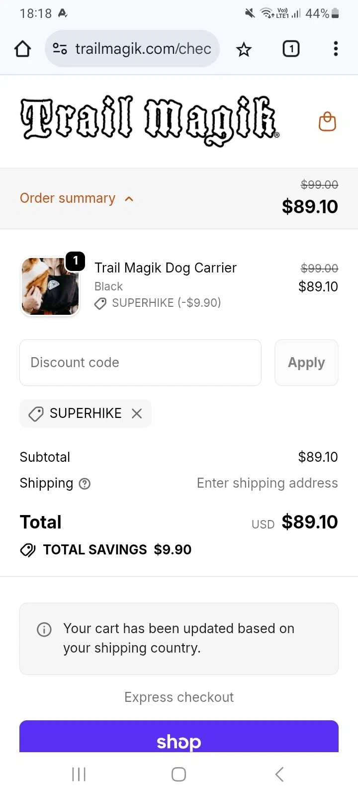 Trail Magik discount code screenshot showing code SUPERHIKE applied at Trail Magik checkout page. Uploaded by SimplyCodes community member Celebrity on Nov 9, 2025