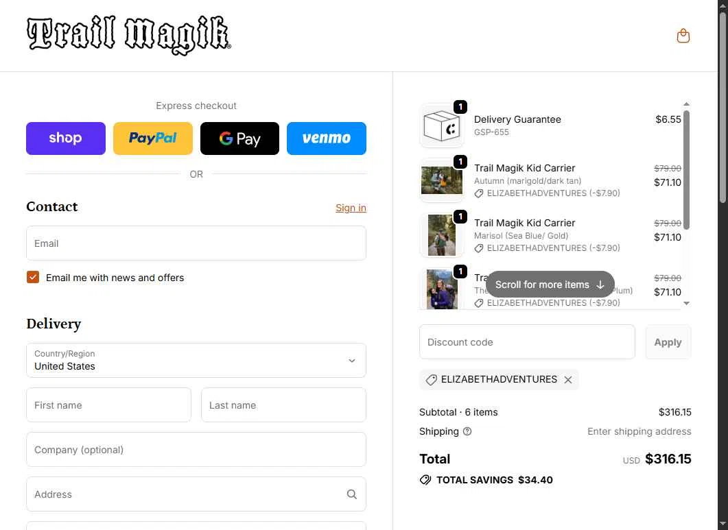 Trail Magik checkout page showing Trail Magik discount code box | Screenshot taken by SimplyCodes community member on Nov 27, 2025
