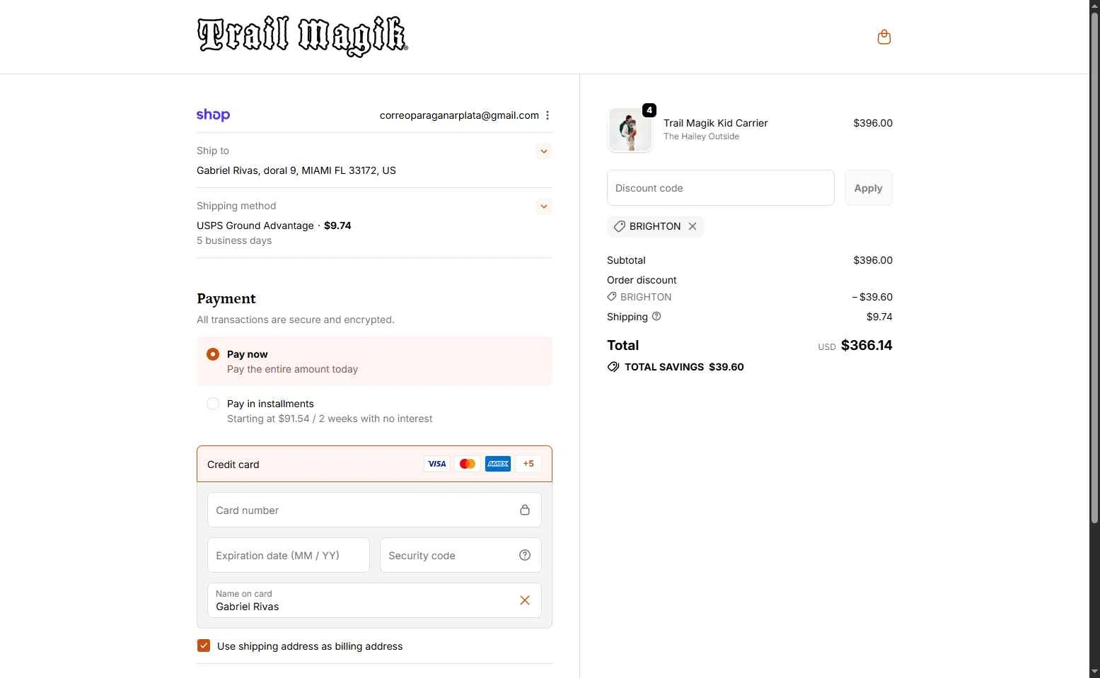 Trail Magik checkout page showing Trail Magik discount code box | Screenshot taken by SimplyCodes community member on Nov 15, 2025