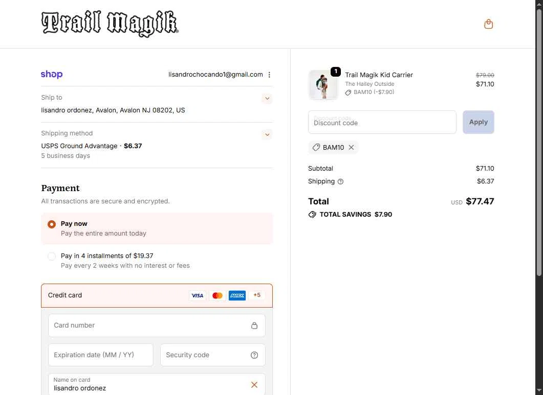 Trail Magik checkout page showing Trail Magik discount code box | Screenshot taken by SimplyCodes community member on Jan 8, 2026