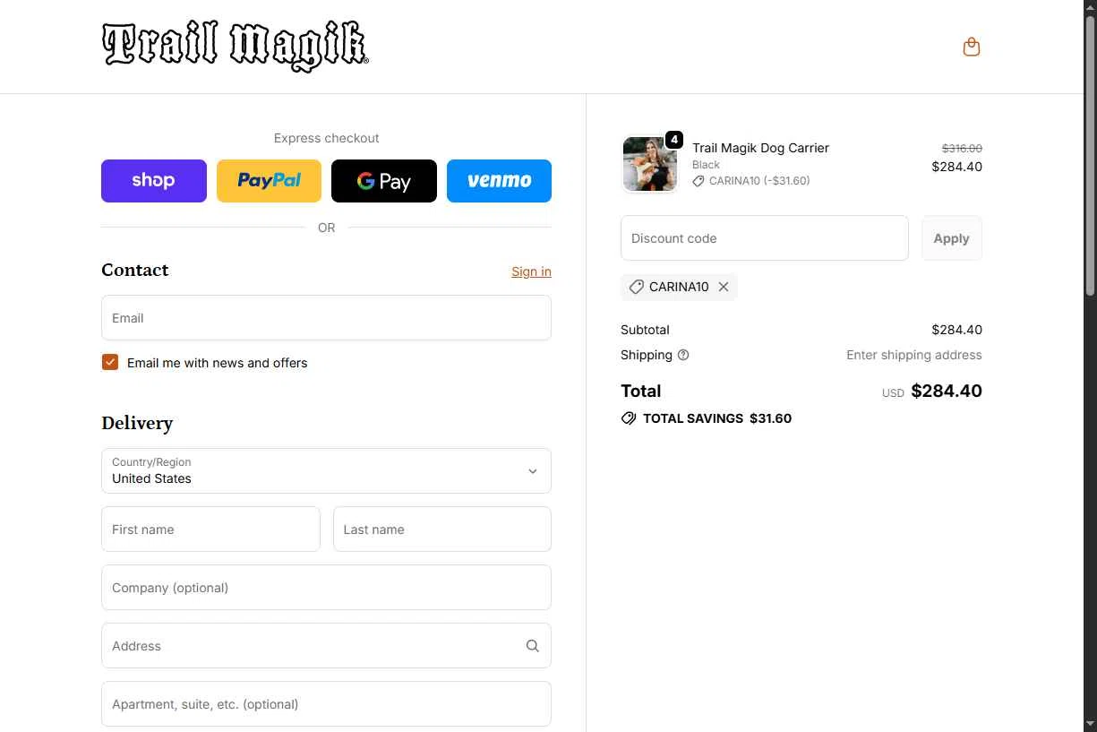 Trail Magik checkout page showing Trail Magik discount code box | Screenshot taken by SimplyCodes community member on Dec 8, 2025