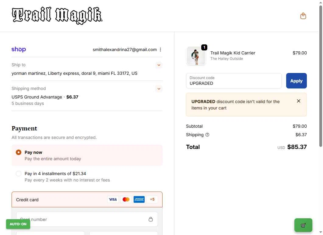 Trail Magik checkout page showing Trail Magik discount code box | Screenshot taken by SimplyCodes community member on Dec 3, 2025