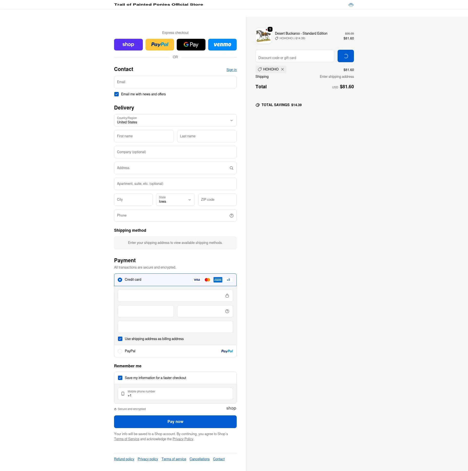 Trail of Painted Ponies checkout page showing Trail of Painted Ponies coupon code box | Screenshot taken by SimplyCodes community member on Dec 20, 2025