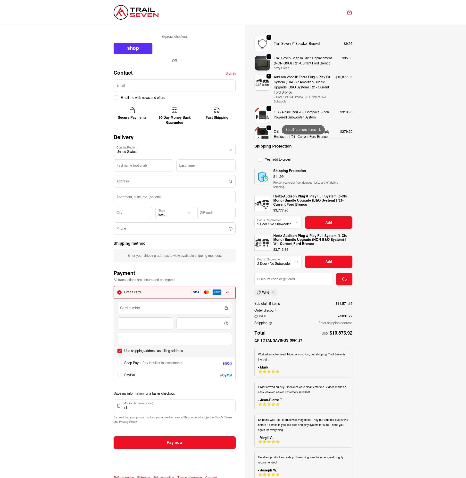 Trail Seven checkout page showing Trail Seven discount code box | Screenshot taken by SimplyCodes community member on Feb 9, 2026