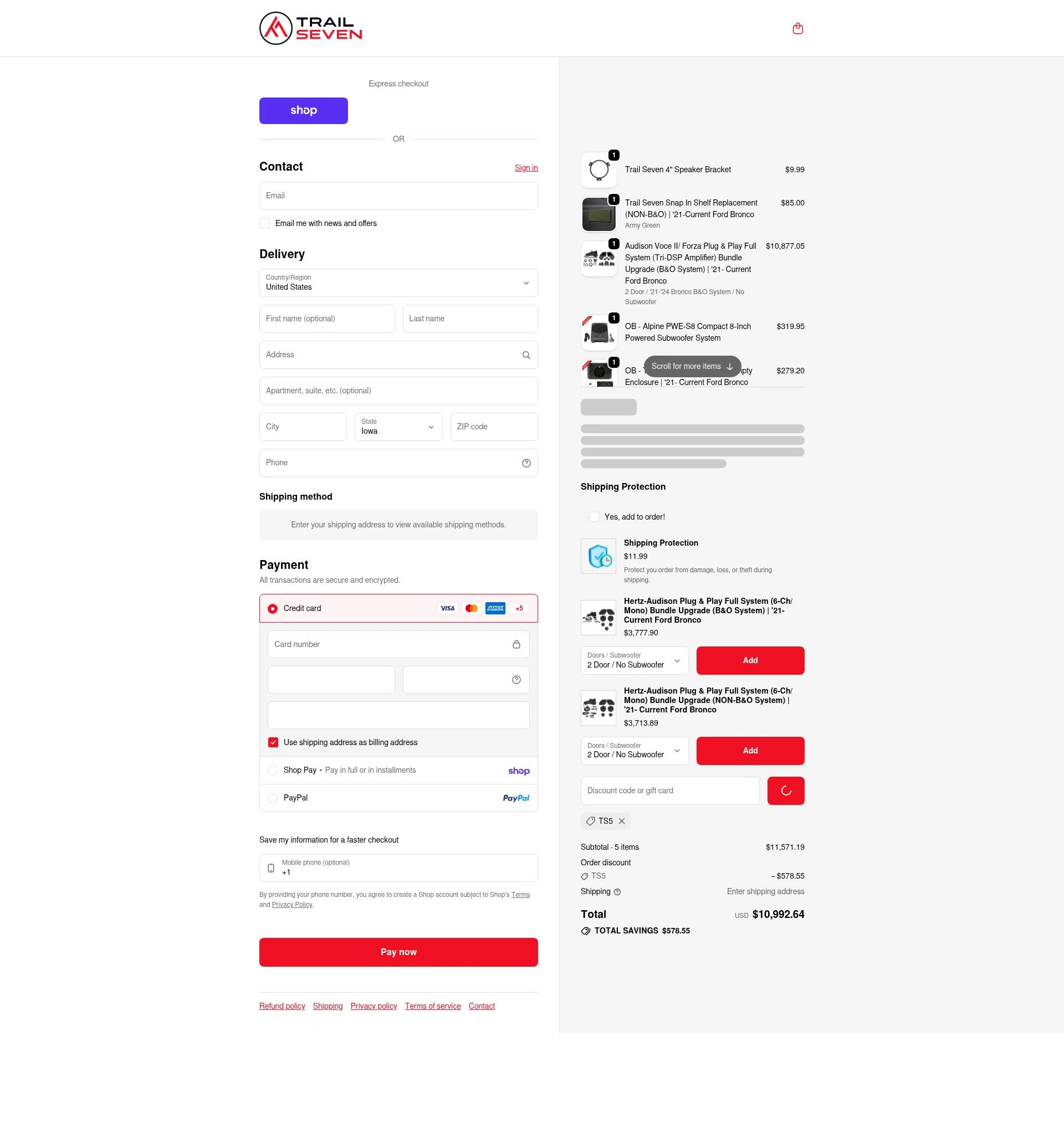 Trail Seven checkout page showing Trail Seven discount code box | Screenshot taken by SimplyCodes community member on Feb 9, 2026
