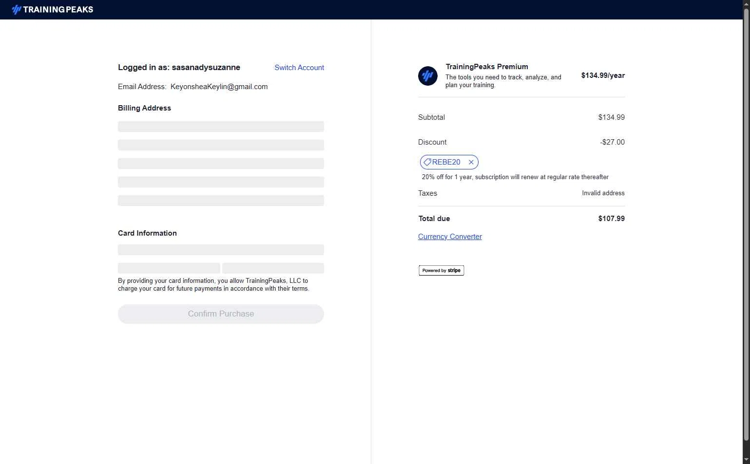 TrainingPeaks checkout page showing TrainingPeaks promo code box | Screenshot taken by SimplyCodes community member on Jan 9, 2026
