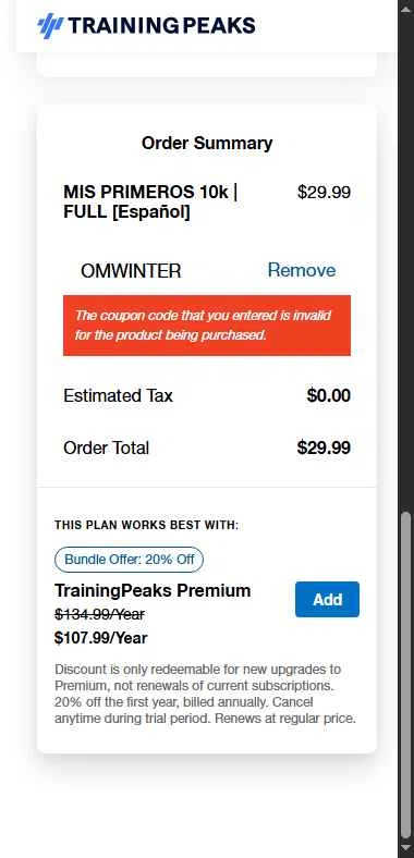 TrainingPeaks checkout page showing TrainingPeaks promo code box | Screenshot taken by SimplyCodes community member on Feb 10, 2026