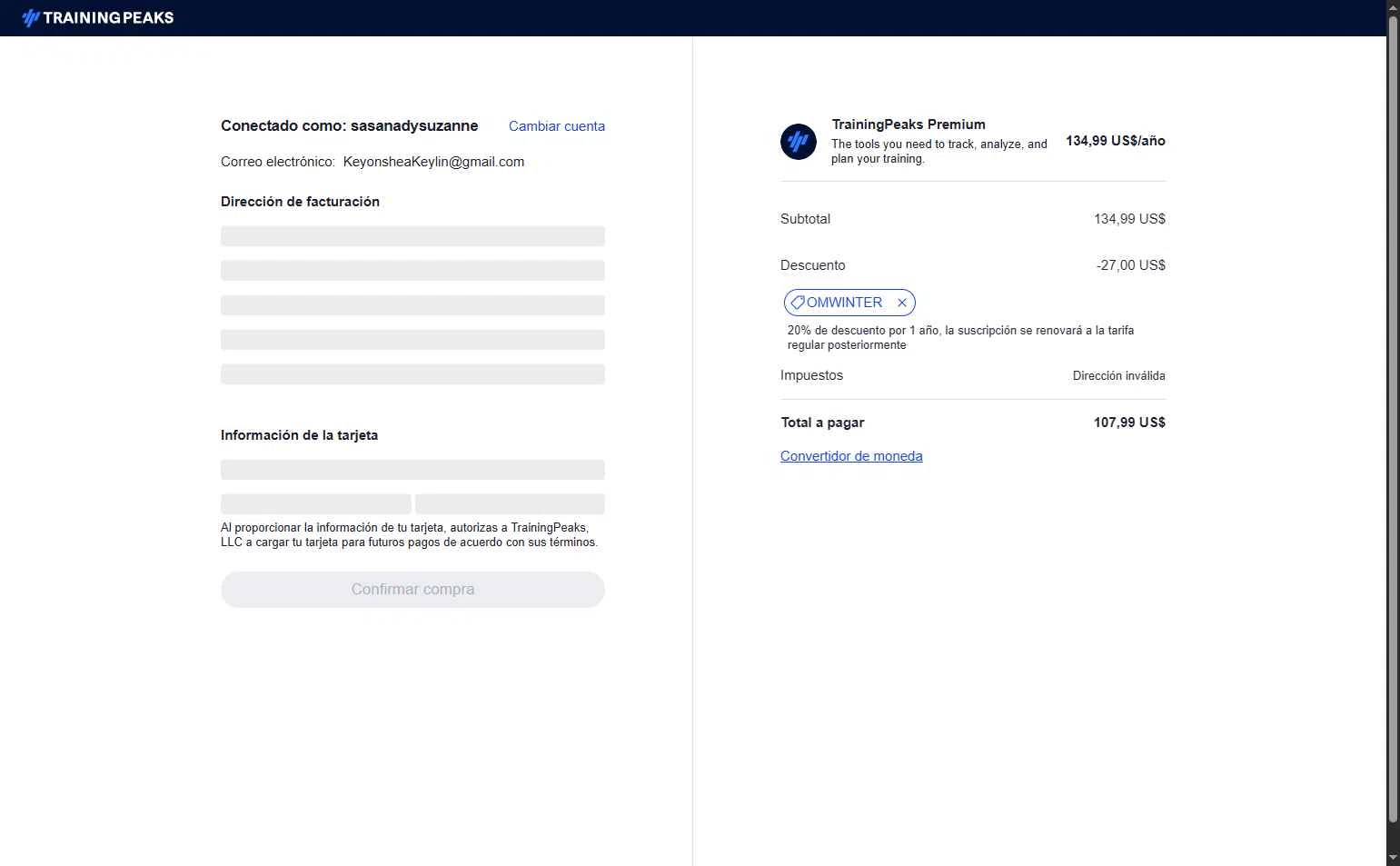 TrainingPeaks checkout page showing TrainingPeaks promo code box | Screenshot taken by SimplyCodes community member on Jan 30, 2026