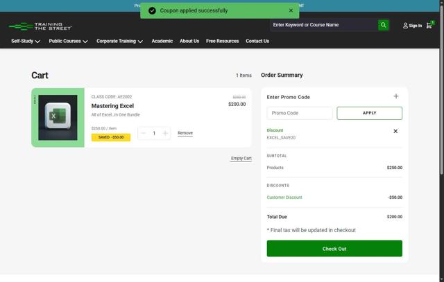 Training The Street checkout page showing Training The Street discount code box | Screenshot taken by SimplyCodes community member on Jul 29, 2025