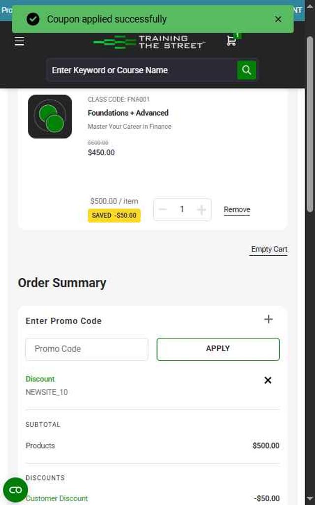 Training The Street checkout page showing Training The Street discount code box | Screenshot taken by SimplyCodes community member on Jul 17, 2025