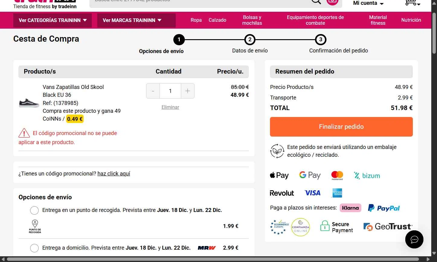 Traininn checkout page showing Traininn promo code box | Screenshot taken by SimplyCodes community member on Dec 17, 2025